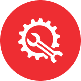 A red and white icon of a wrench and gear.