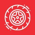 A red background with a tire and wheel on it.